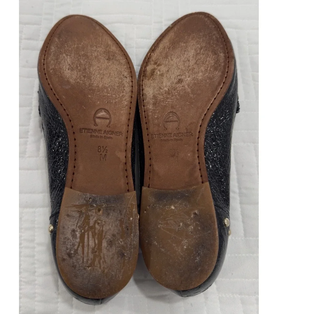 Etienne Aigner Black Crinkle Patent Studded Leather‎ Loafers Made in Spain 8.5 M